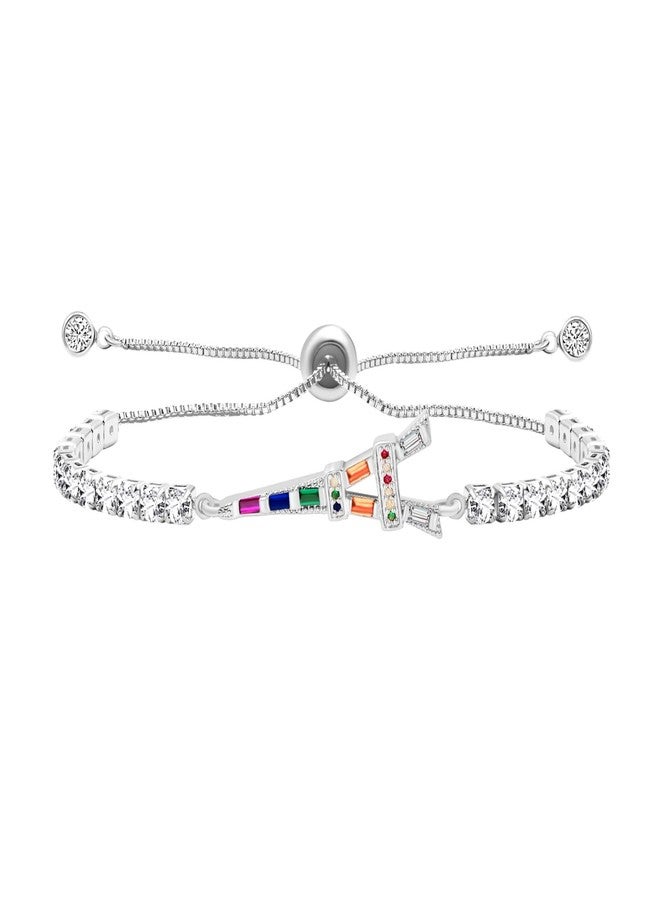 Tobestu Platinum Plated Eiffel Tower Charm Bracelet with Delicate CZ Accents - Adjustable Bolo Style Inspired by Parisian Romance YA5691 - Image 1